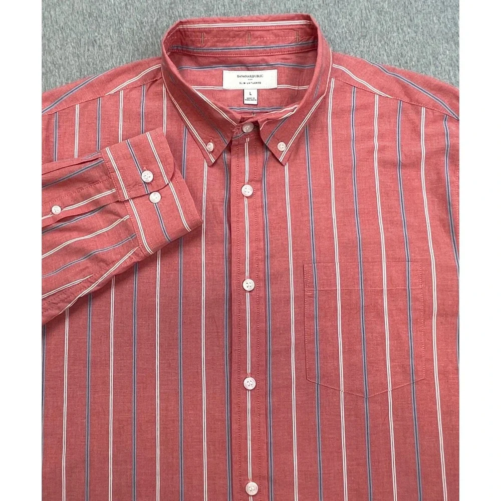 Banana Republic Shirt Mens Large Striped 100% Cotton Slim Untucked Button Down